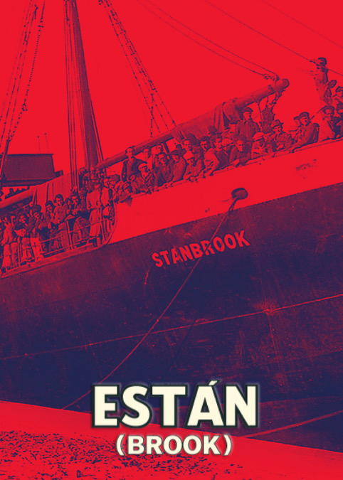 Cartel rojo con un barco antiguo de la obra Están Brook, espectáculo de la compañía de teatro en Madrid Quilombo Teatro.